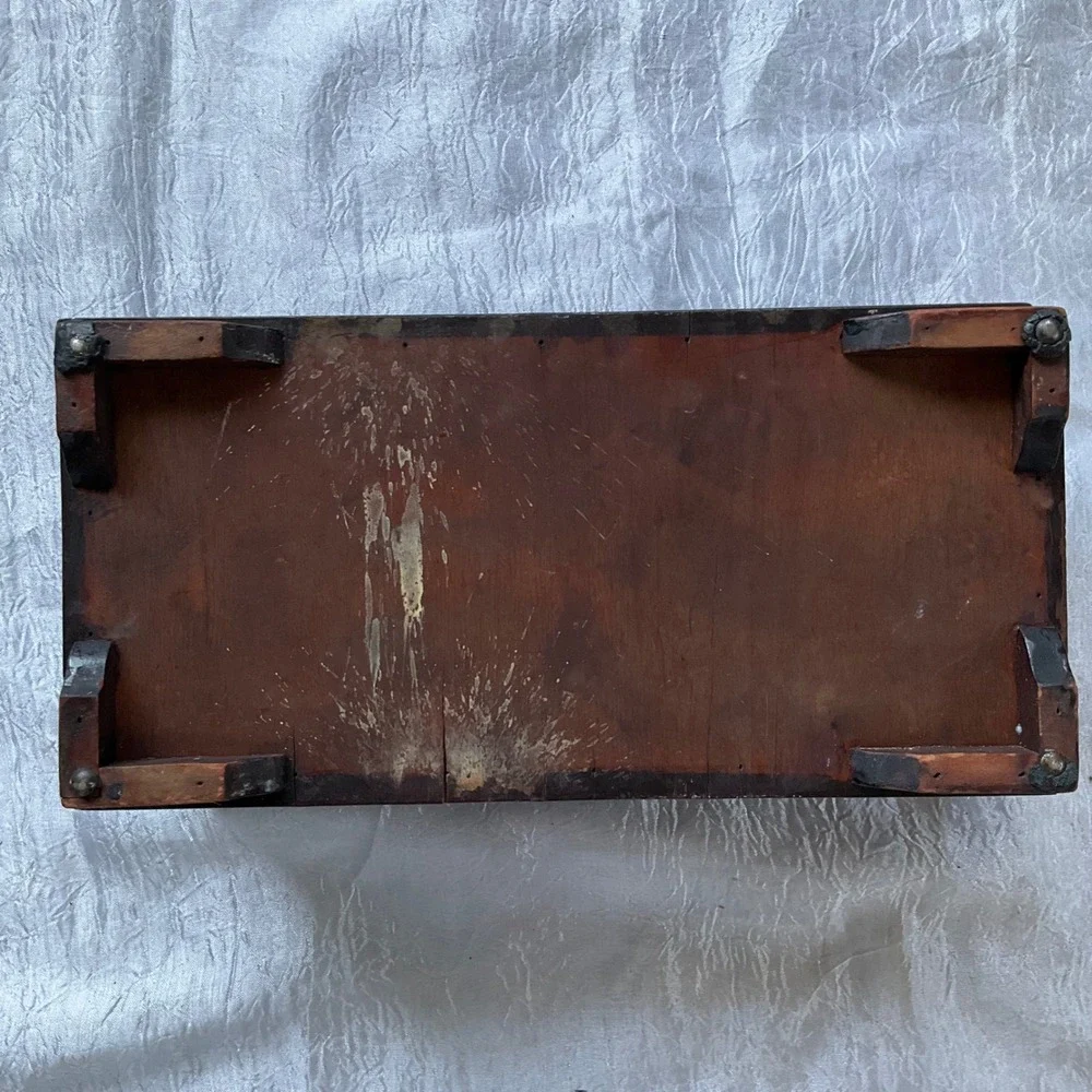 Antique 19thC Folk Art Wooden Box Carved Diamond Damask Silk Lined Jewelry Chest